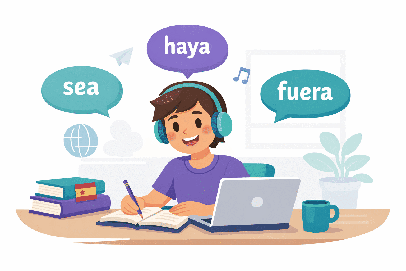 Learner practicing Spanish with speech bubbles showing sea, haya and fuera